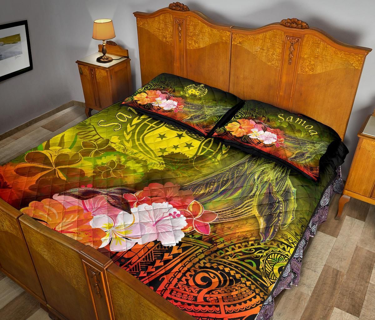 Samoa Quilt Bed Set- Humpback Whale with Tropical Flowers (Yellow)-Myprintsy
