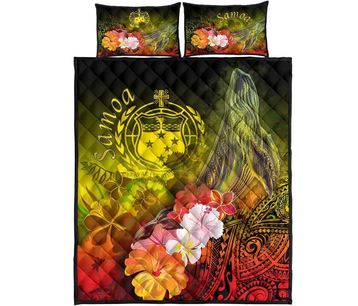 Samoa Quilt Bed Set- Humpback Whale with Tropical Flowers (Yellow)-Myprintsy