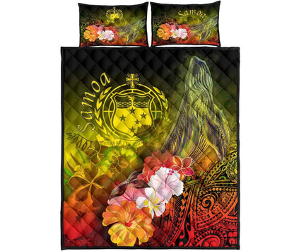Samoa Quilt Bed Set- Humpback Whale with Tropical Flowers (Yellow)-Myprintsy