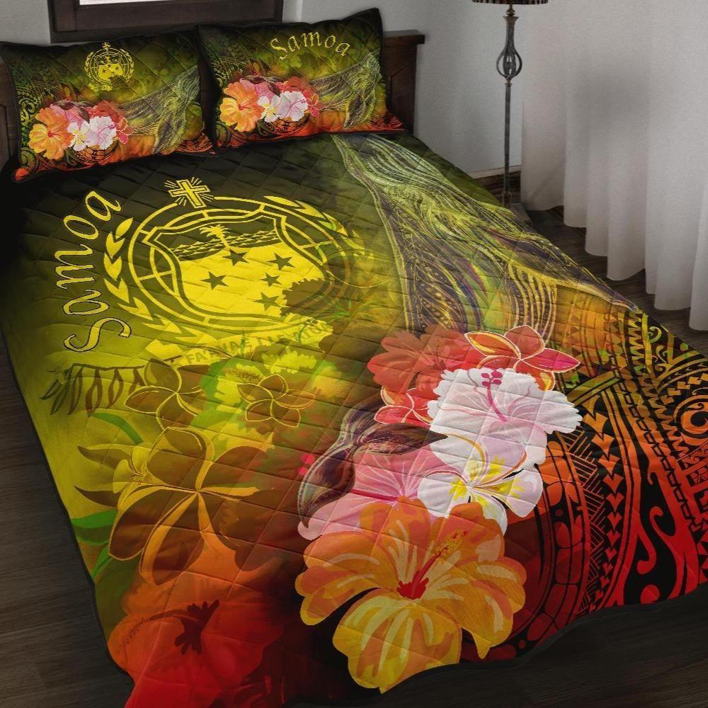 Samoa Quilt Bed Set- Humpback Whale with Tropical Flowers (Yellow)-Myprintsy
