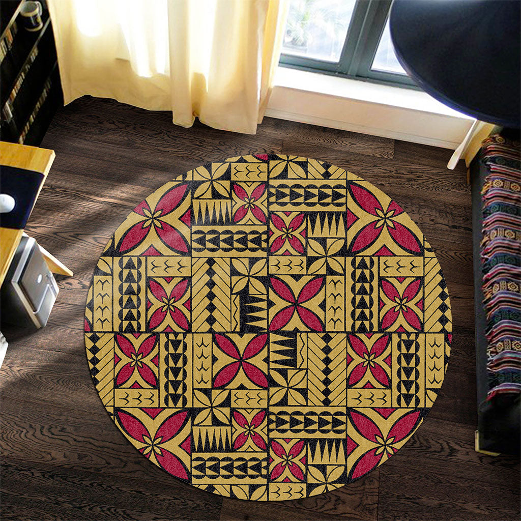 Samoa Round Rug Siapo Design Tribal Pattern Yellow