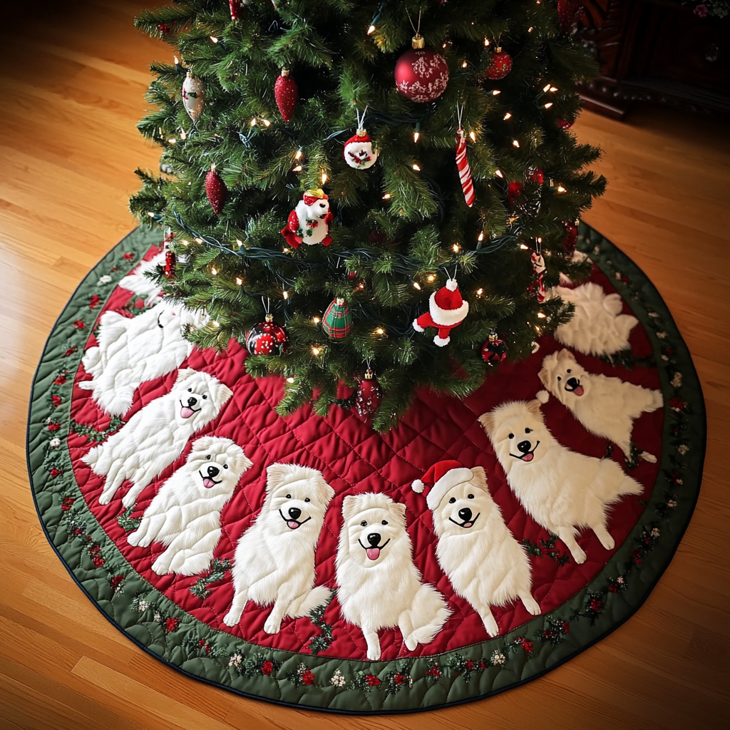 Samoyed Holiday Spirit Christmas Quilted Tree Skirt-Myprintsy