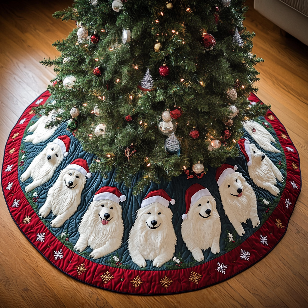 Samoyed Xmas Joy Christmas Quilted Tree Skirt-Myprintsy