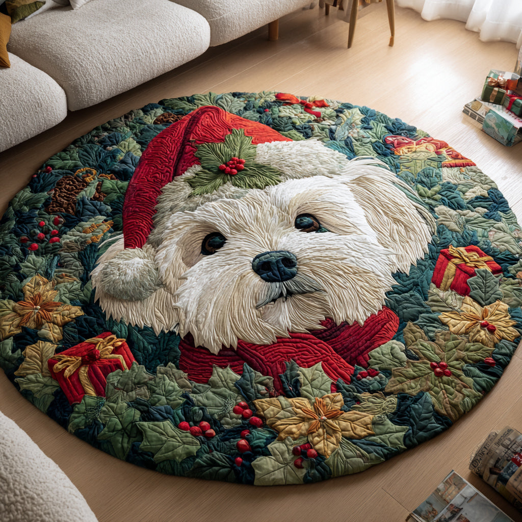 Santa Maltese Dog Quilted Round Mat VTQ-Myprintsy
