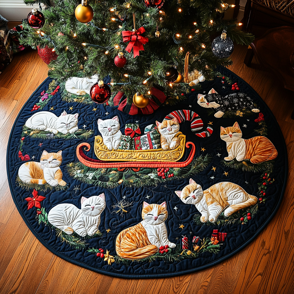 Santa Paws Cat Christmas Quilted Tree Skirt VTQ-Myprintsy