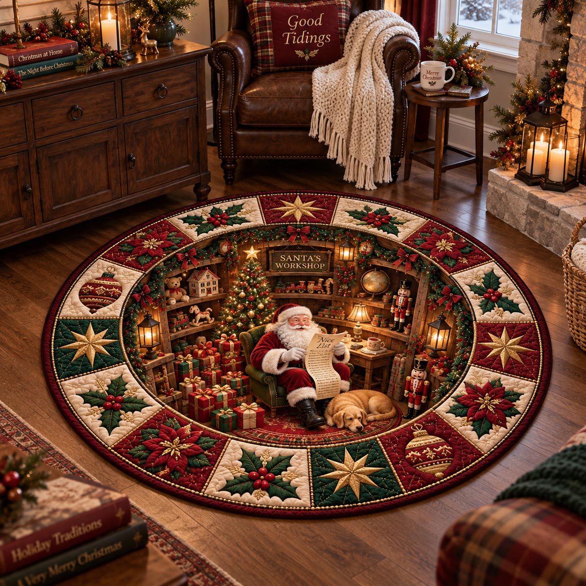 Santa Workshop Hideaway Quilted Round Mat VTQ-Myprintsy