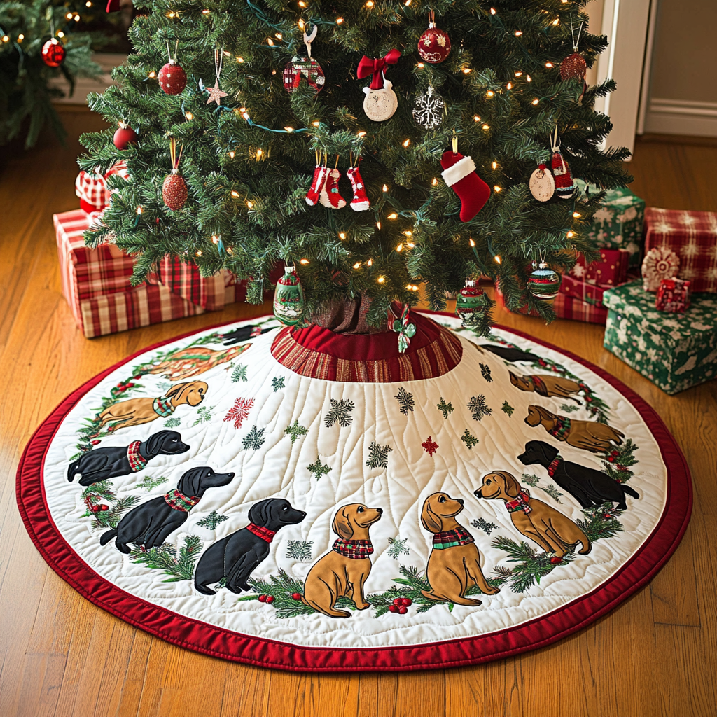 Sassy Sausage Stroll Christmas Quilted Tree Skirt-Myprintsy