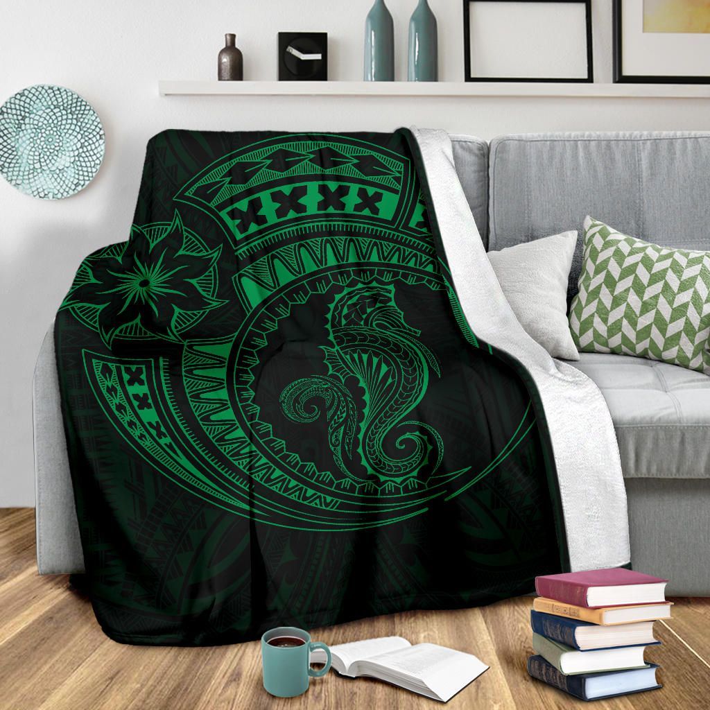 Seahorse Polynesian Blanket - Polynesian Tattoo Green-Myprintsy