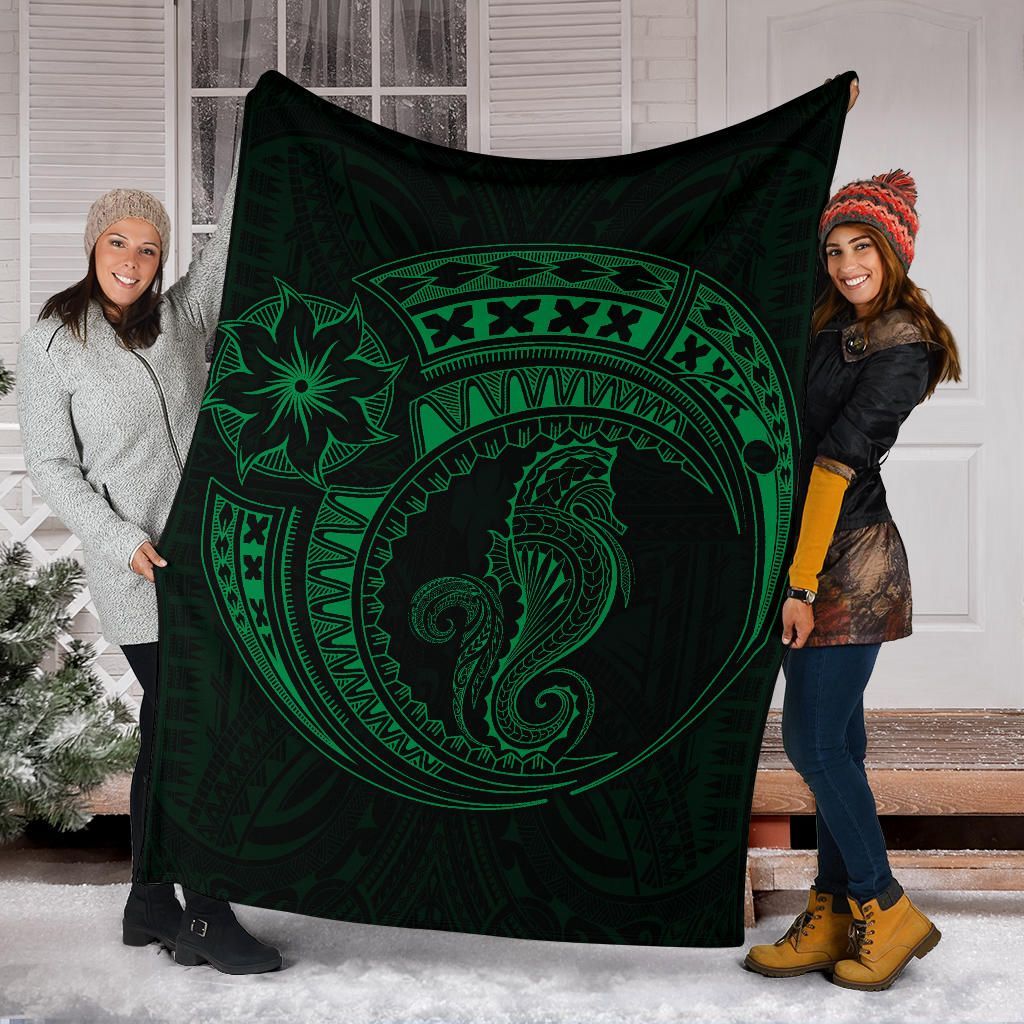 Seahorse Polynesian Blanket - Polynesian Tattoo Green-Myprintsy