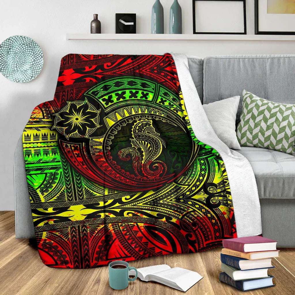 Seahorse Polynesian Premium Blanket - Polynesian Tattoo Reggae-Myprintsy