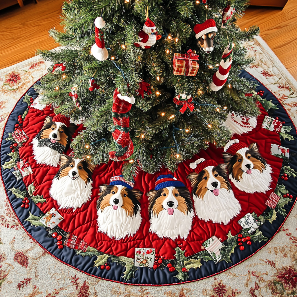 Shetland Sheepdogs Dream Christmas Quilted Tree Skirt-Myprintsy