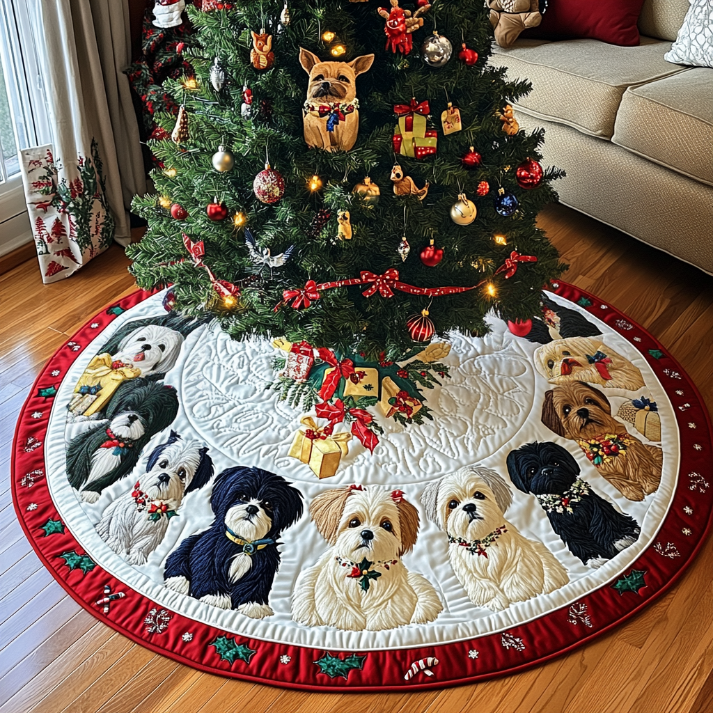 Shih Tzu Holiday Spirit Christmas Quilted Tree Skirt VTQ-Myprintsy