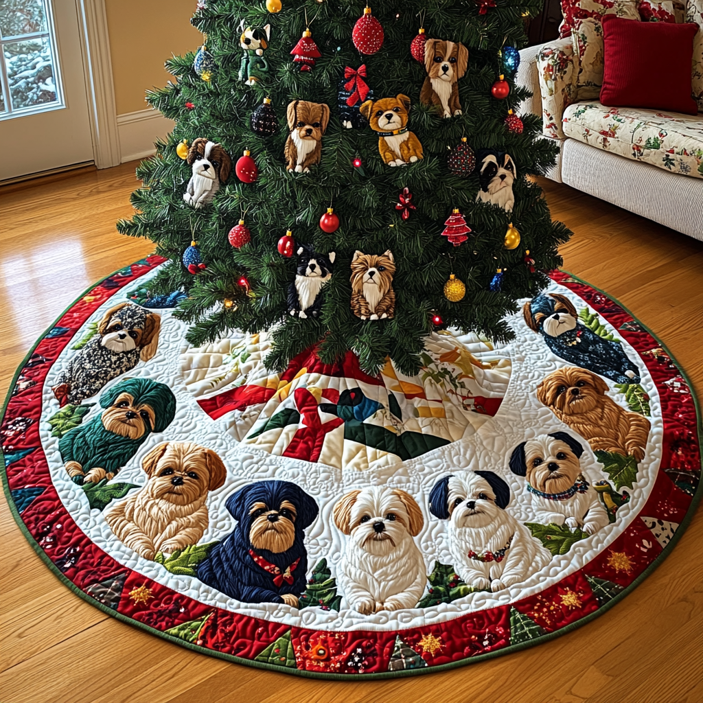 Shih Tzu Under the Tree Christmas Quilted Tree Skirt VTQ-Myprintsy
