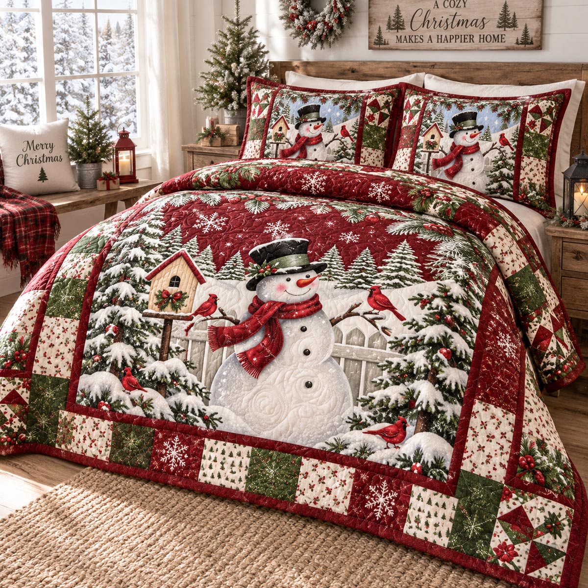 Snowman Christmas Cabin -Piece Quilted Bedding Set VTQ-Myprintsy