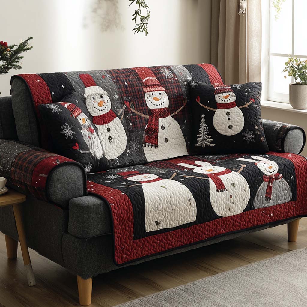 Snowmen on Black Plaid Quilted Sofa Cover VTQ-Myprintsy
