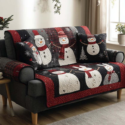 Snowmen on Black Plaid Quilted Sofa Cover VTQ-Myprintsy