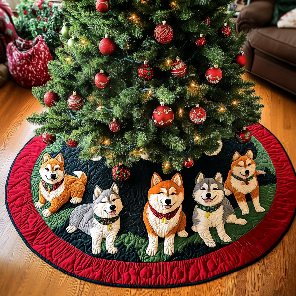 Snowy Akita Spirit Christmas Quilted Tree Skirt-Myprintsy