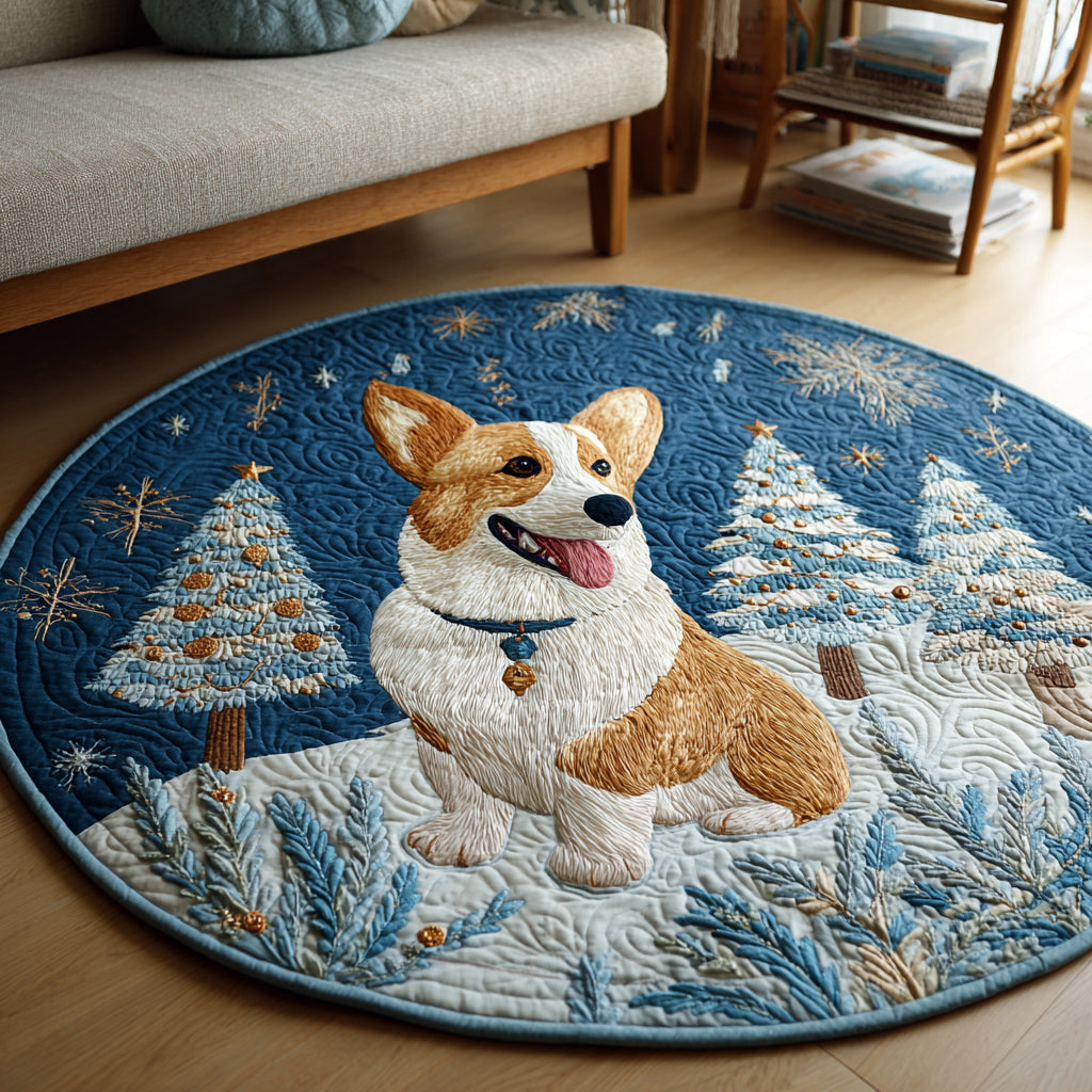 Snowy Corgi Scene Quilted Round Mat VTQ-Myprintsy