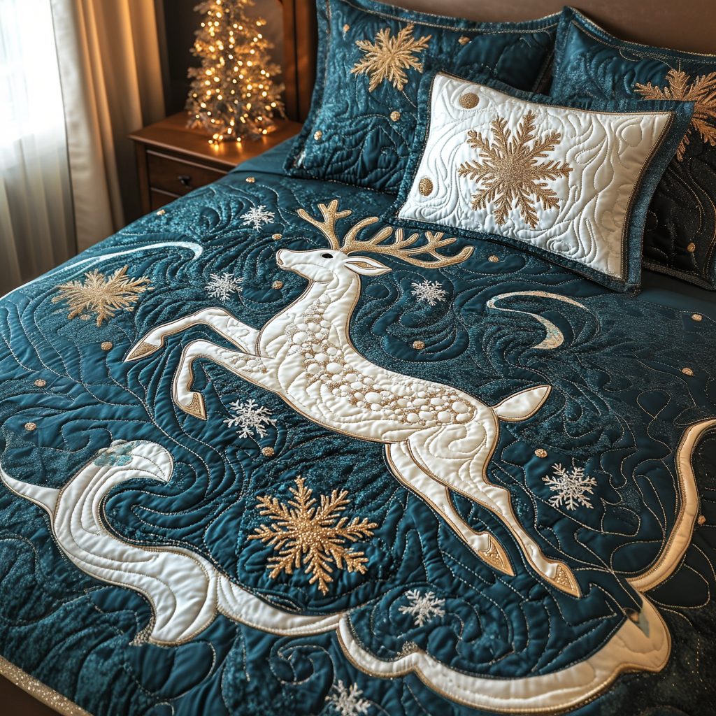 Snowy Nights Reindeer -Piece Quilted Bedding Set VTQ-Myprintsy
