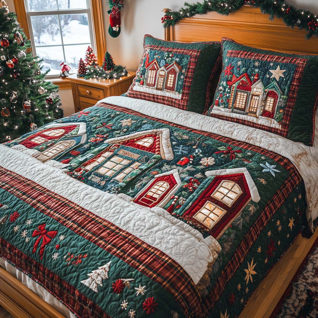 Snowy Village Night -Piece Quilted Bedding Set VTQ-Myprintsy