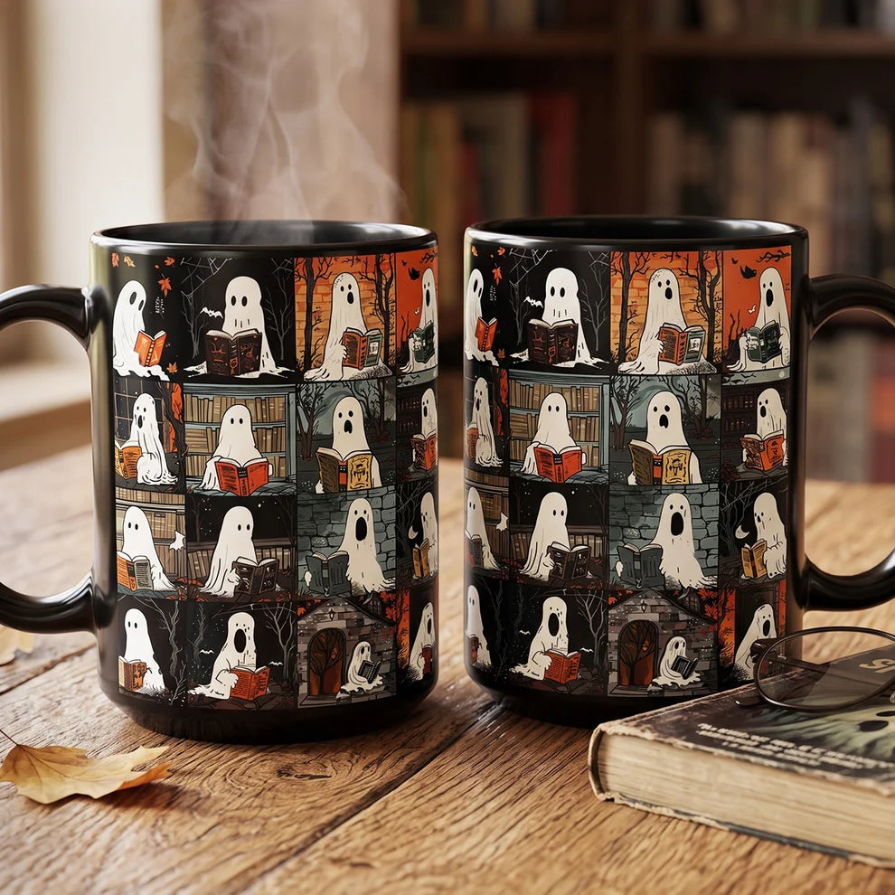 Spooky Reading Ghosts Halloween - Personalized Ceramic Coffee Mug-Myprintsy