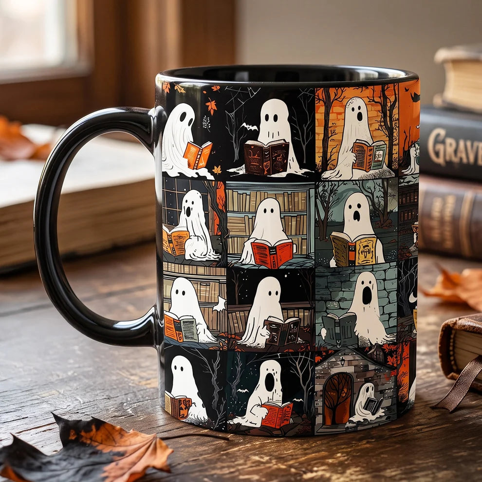 Spooky Reading Ghosts Halloween - Personalized Ceramic Coffee Mug-Myprintsy