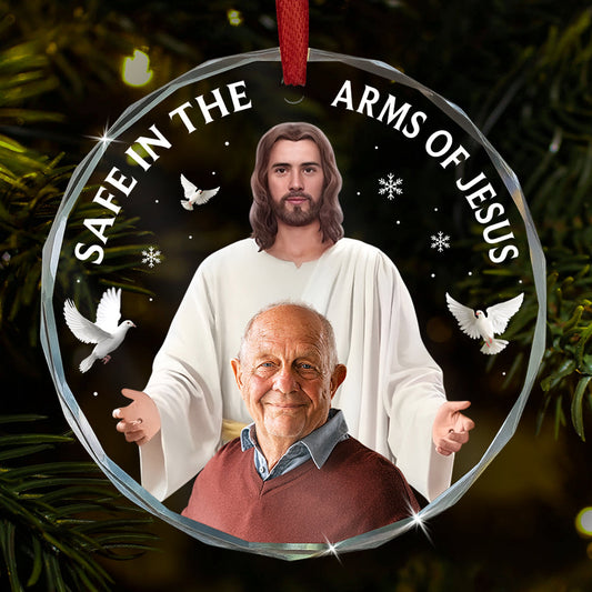 Safe In The Arms Of Jesus - Memorial Sympathy Gifts For Loss Of Mom, Dad - Personalized Christmas Photo Circle Glass Ornament