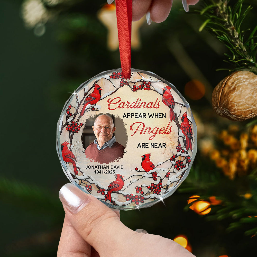 Cardinals appears when angels are near - Personalized Christmas Photo Circle Glass Ornament