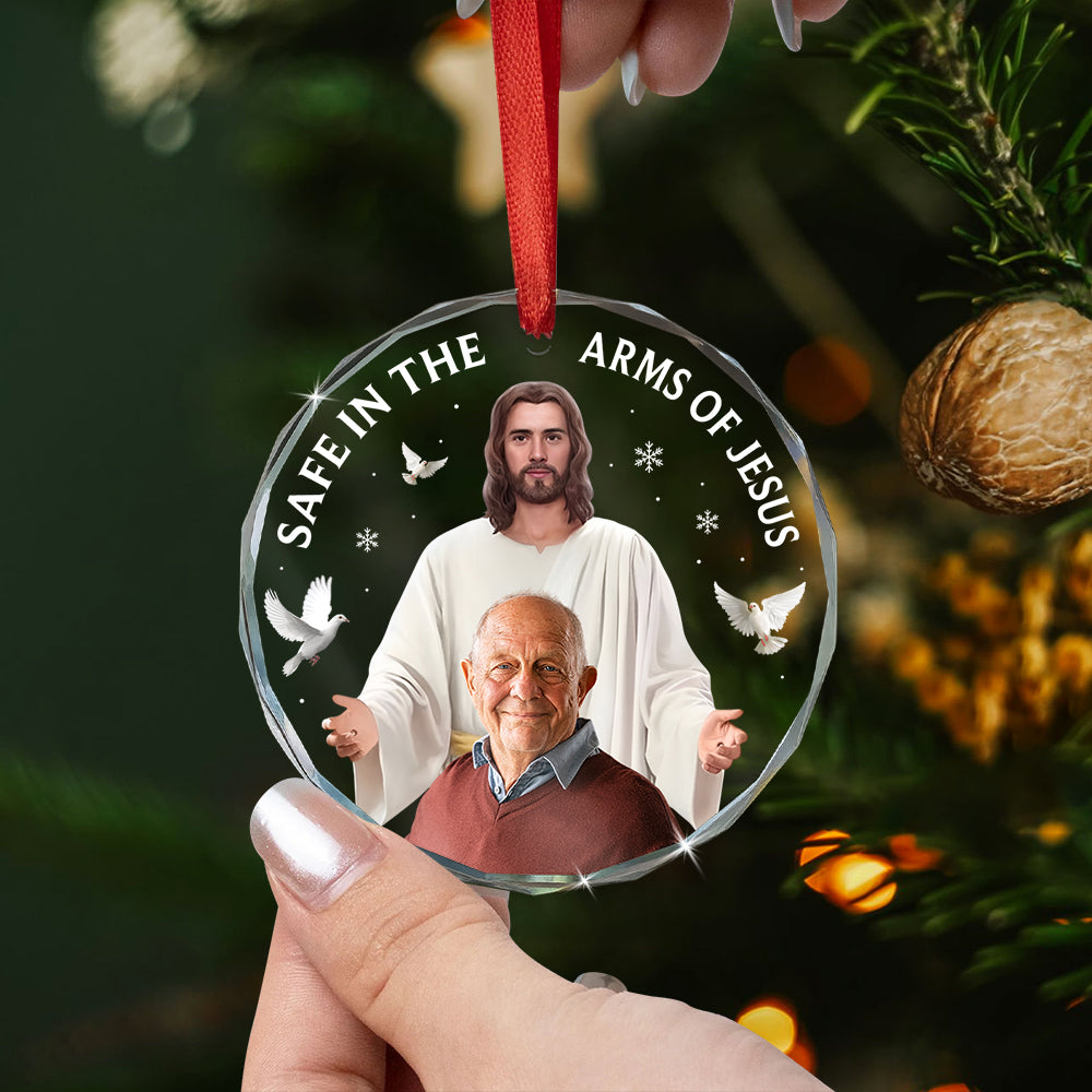Safe In The Arms Of Jesus - Memorial Sympathy Gifts For Loss Of Mom, Dad - Personalized Christmas Photo Circle Glass Ornament