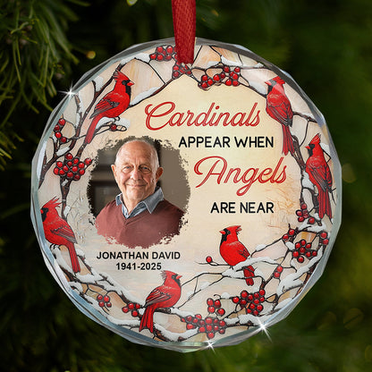 Cardinals appears when angels are near - Personalized Christmas Photo Circle Glass Ornament