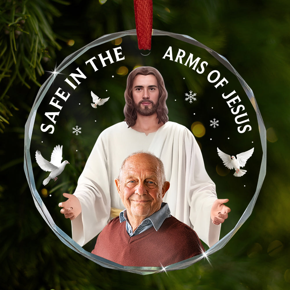 Safe In The Arms Of Jesus - Memorial Sympathy Gifts For Loss Of Mom, Dad - Personalized Christmas Photo Circle Glass Ornament