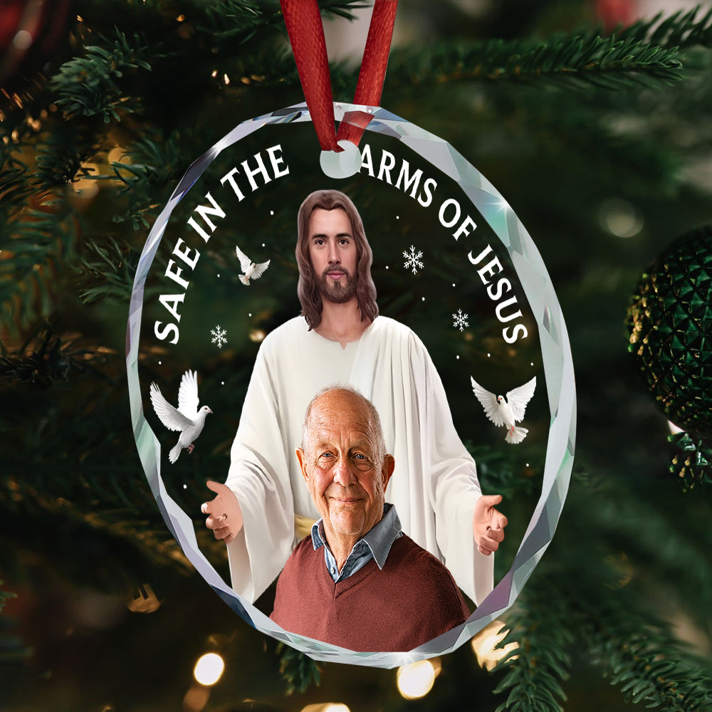 Safe In The Arms Of Jesus - Memorial Sympathy Gifts For Loss Of Mom, Dad - Personalized Christmas Photo Circle Glass Ornament