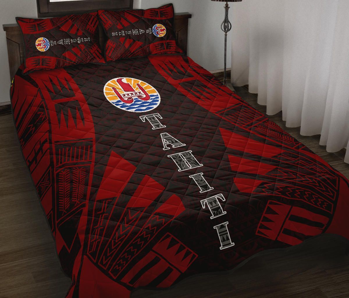 Tahiti Polynesian Quilt Bed Set - Tahiti Flag Red Black Tattoo Flag