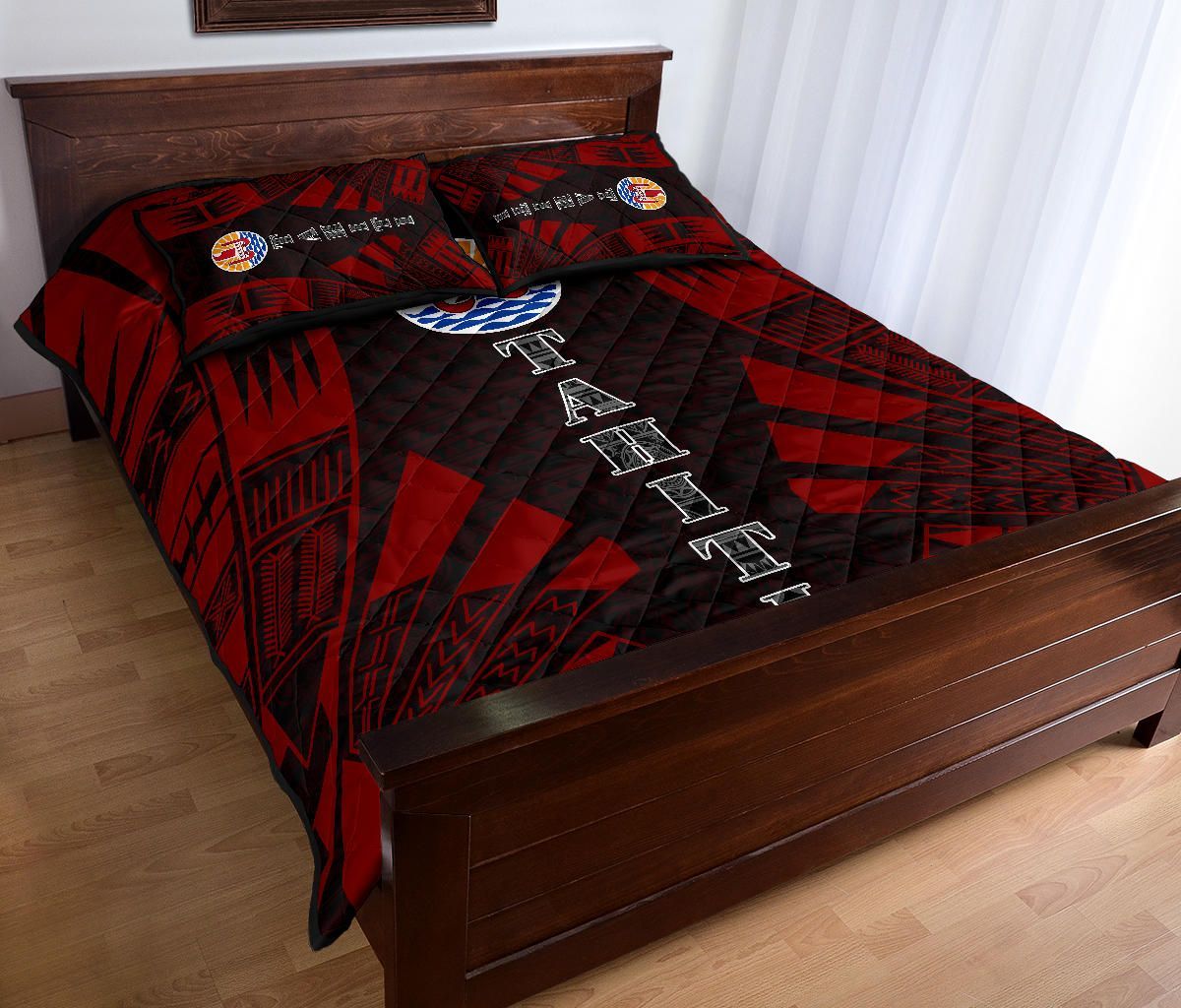 Tahiti Polynesian Quilt Bed Set - Tahiti Flag Red Black Tattoo Flag