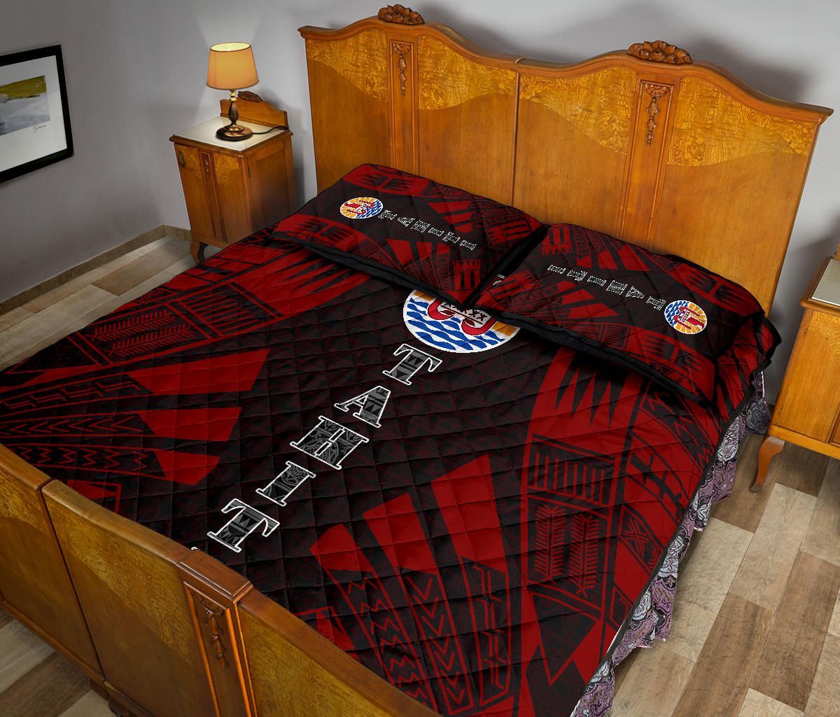 Tahiti Polynesian Quilt Bed Set - Tahiti Flag Red Black Tattoo Flag