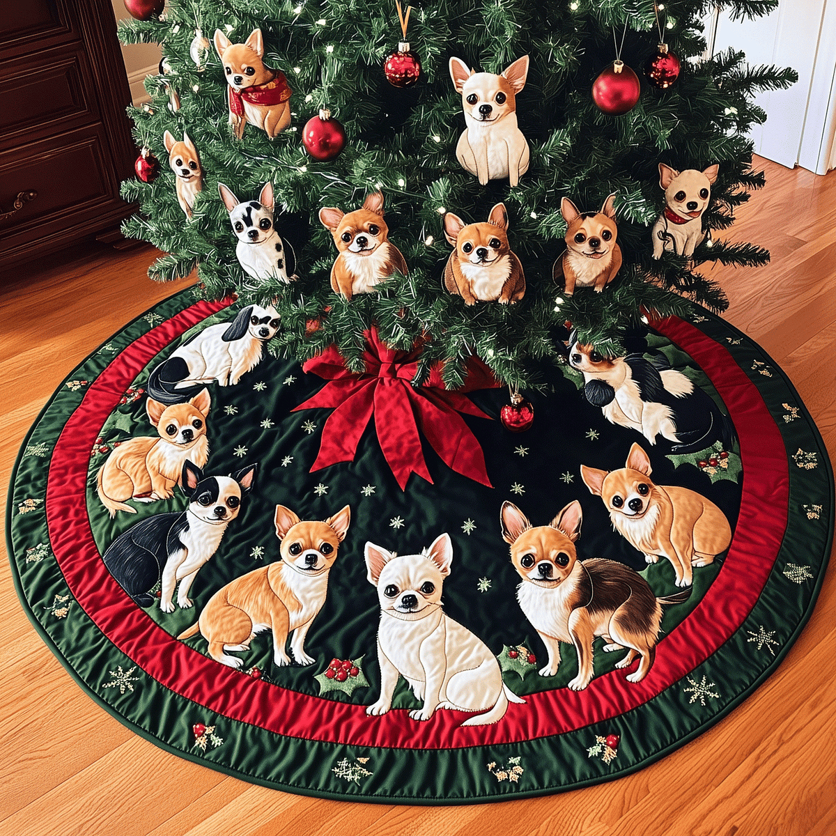 Tiny Festive Paws Quilted Christmas Tree Skirt-Myprintsy