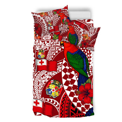 Tonga Bedding Set Polynesian Red Shining Parrot Heilala Pattern