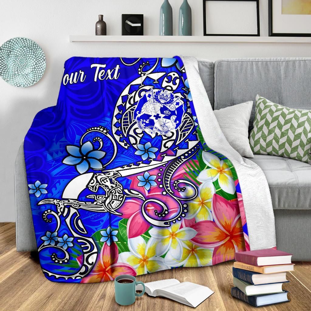 Tonga Custom Personalised Premium Blanket - Turtle Plumeria (Blue)-Myprintsy