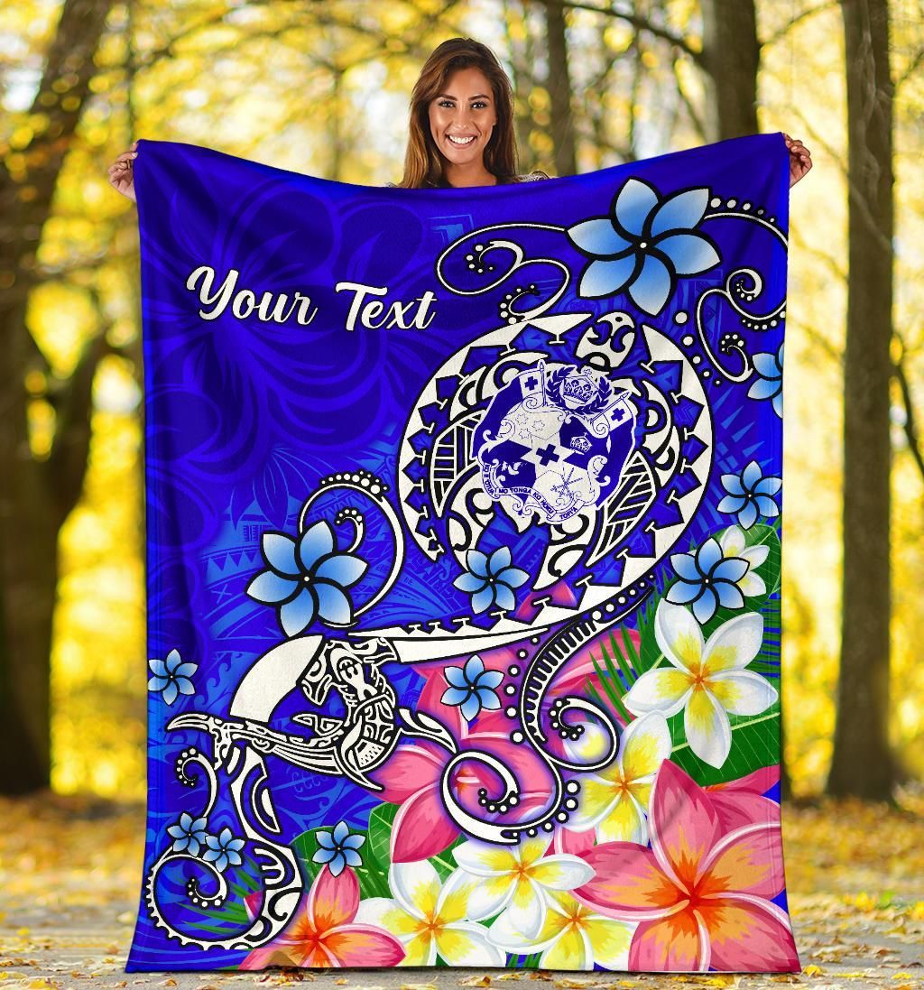 Tonga Custom Personalised Premium Blanket - Turtle Plumeria (Blue)-Myprintsy