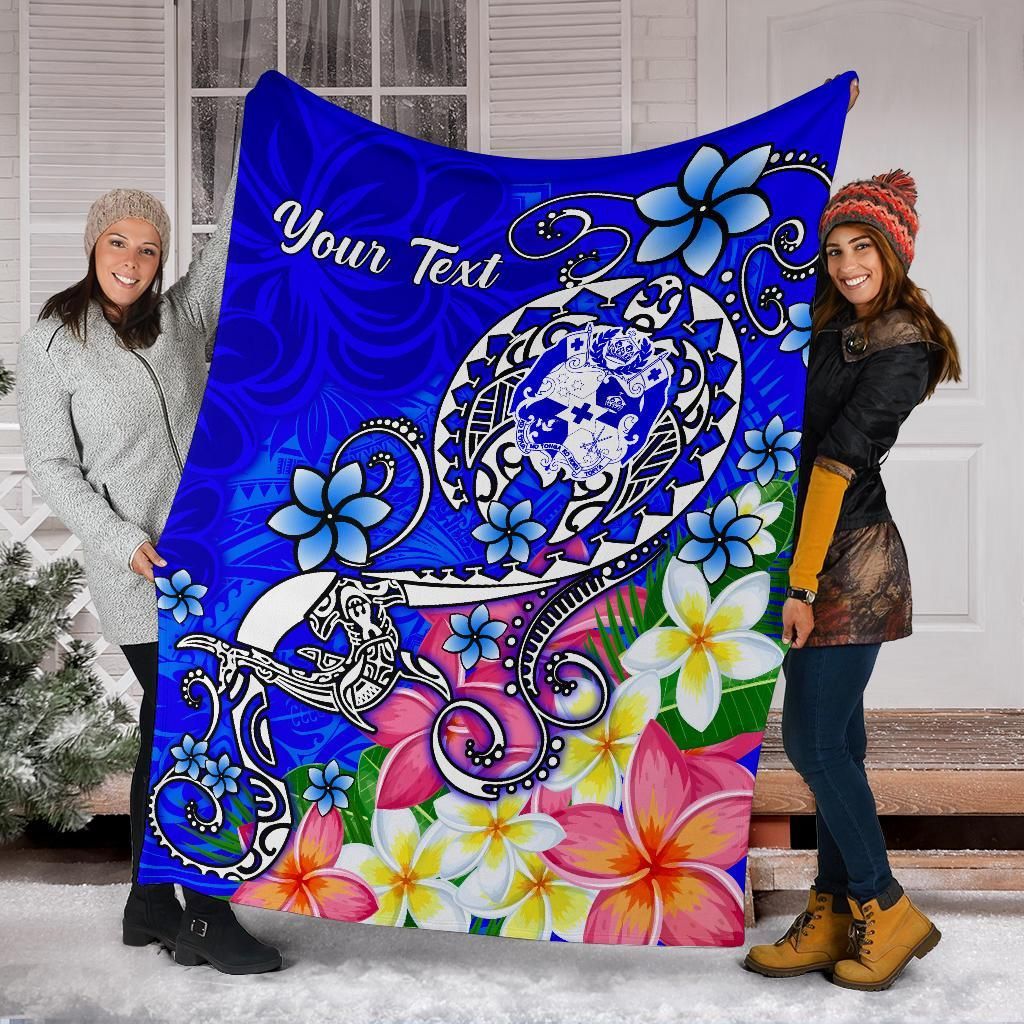 Tonga Custom Personalised Premium Blanket - Turtle Plumeria (Blue)-Myprintsy