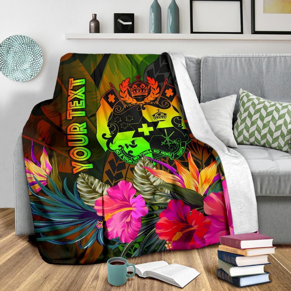 Tonga Polynesian Personalised Premium Blanket - Hibiscus and Banana Leaves-Myprintsy