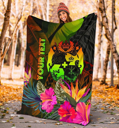Tonga Polynesian Personalised Premium Blanket - Hibiscus and Banana Leaves-Myprintsy