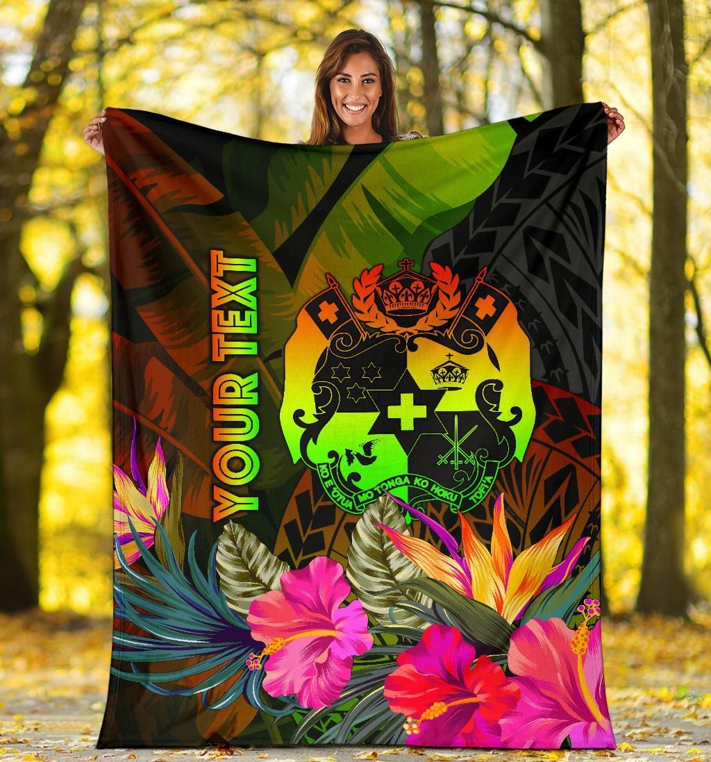 Tonga Polynesian Personalised Premium Blanket - Hibiscus and Banana Leaves-Myprintsy