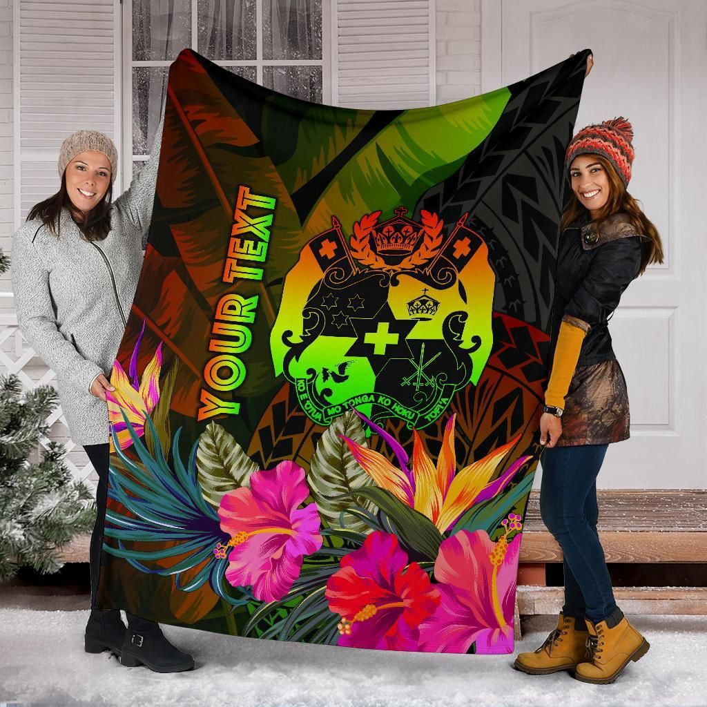 Tonga Polynesian Personalised Premium Blanket - Hibiscus and Banana Leaves-Myprintsy