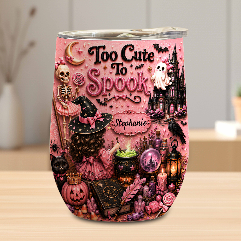 Too Cute To Spook - Personalized Pink Halloween Wine Tumbler-Myprintsy