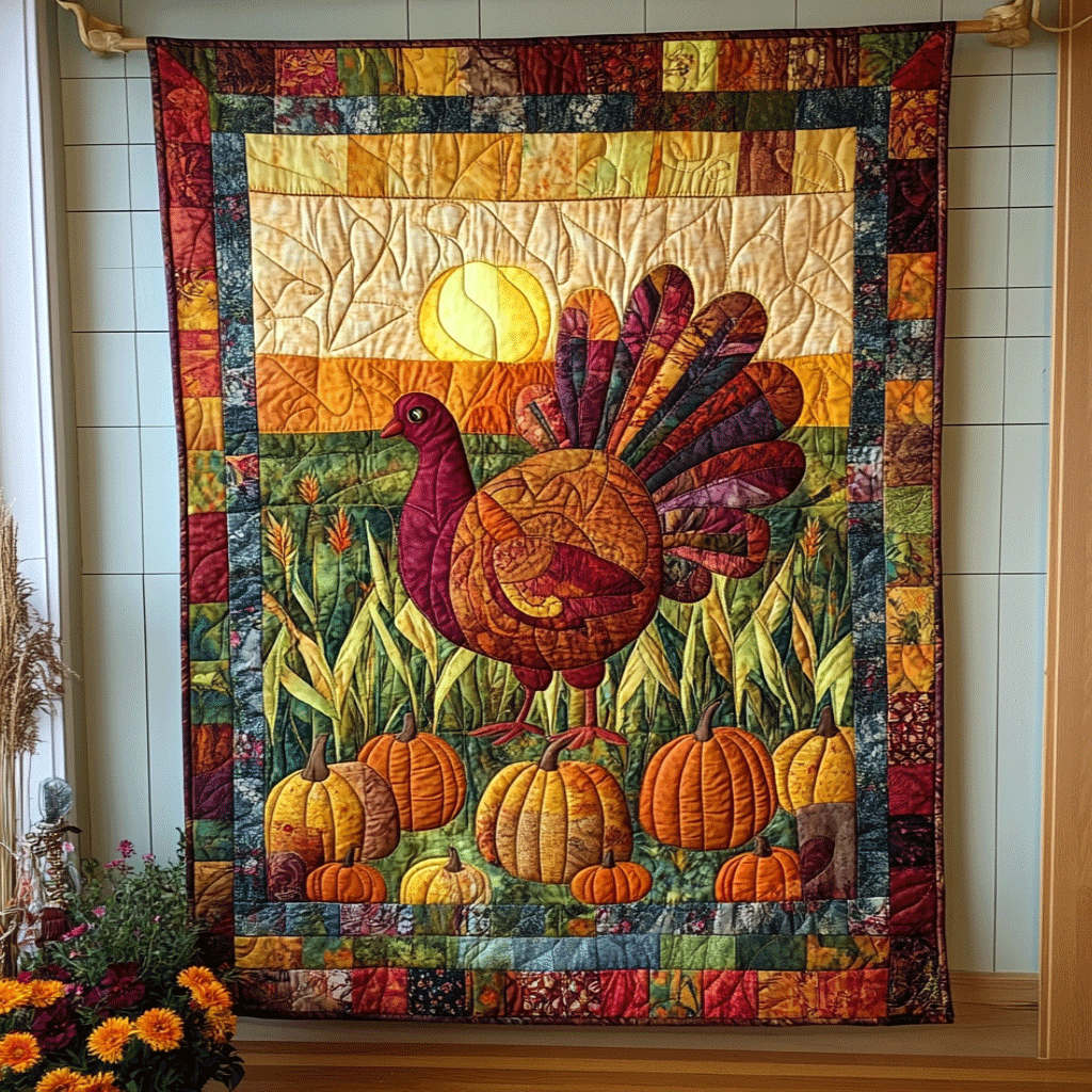 Turkey Thanksgiving Festive Quilted Blanket PD VTQ-Myprintsy