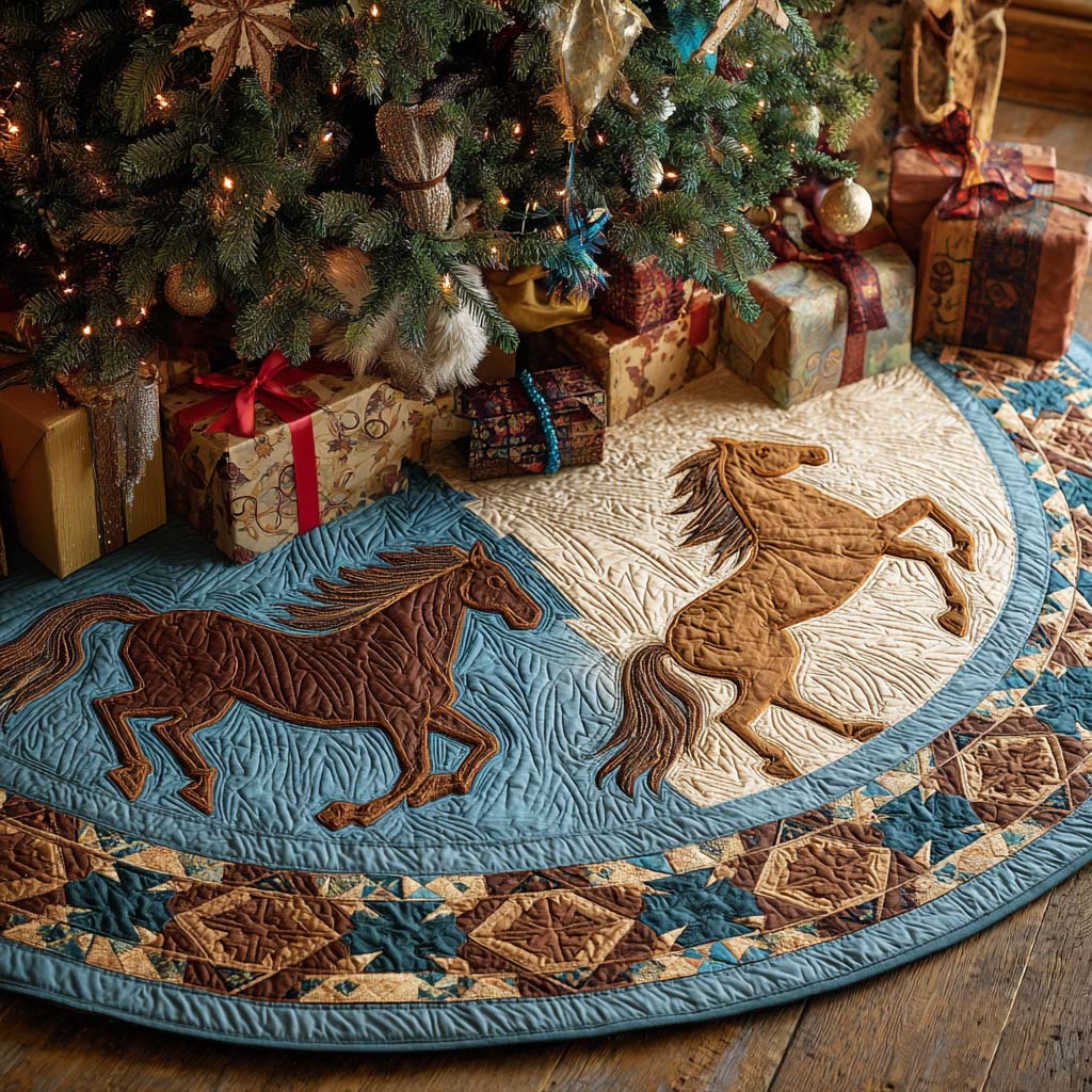 Turquoise Gallop Christmas Quilted Tree Skirt-Myprintsy