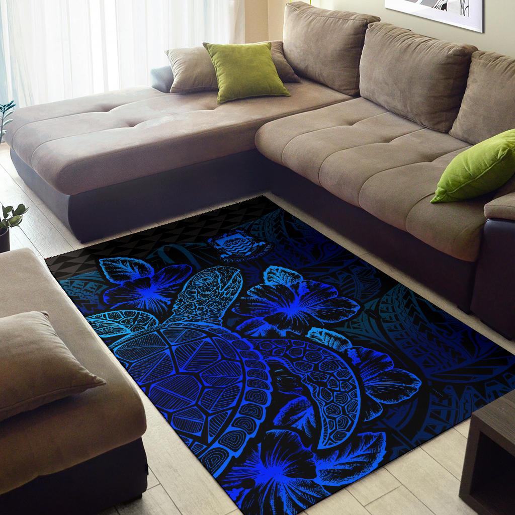 Tuvalu Area Rugs Turtle Hibiscus Blue-Myprintsy