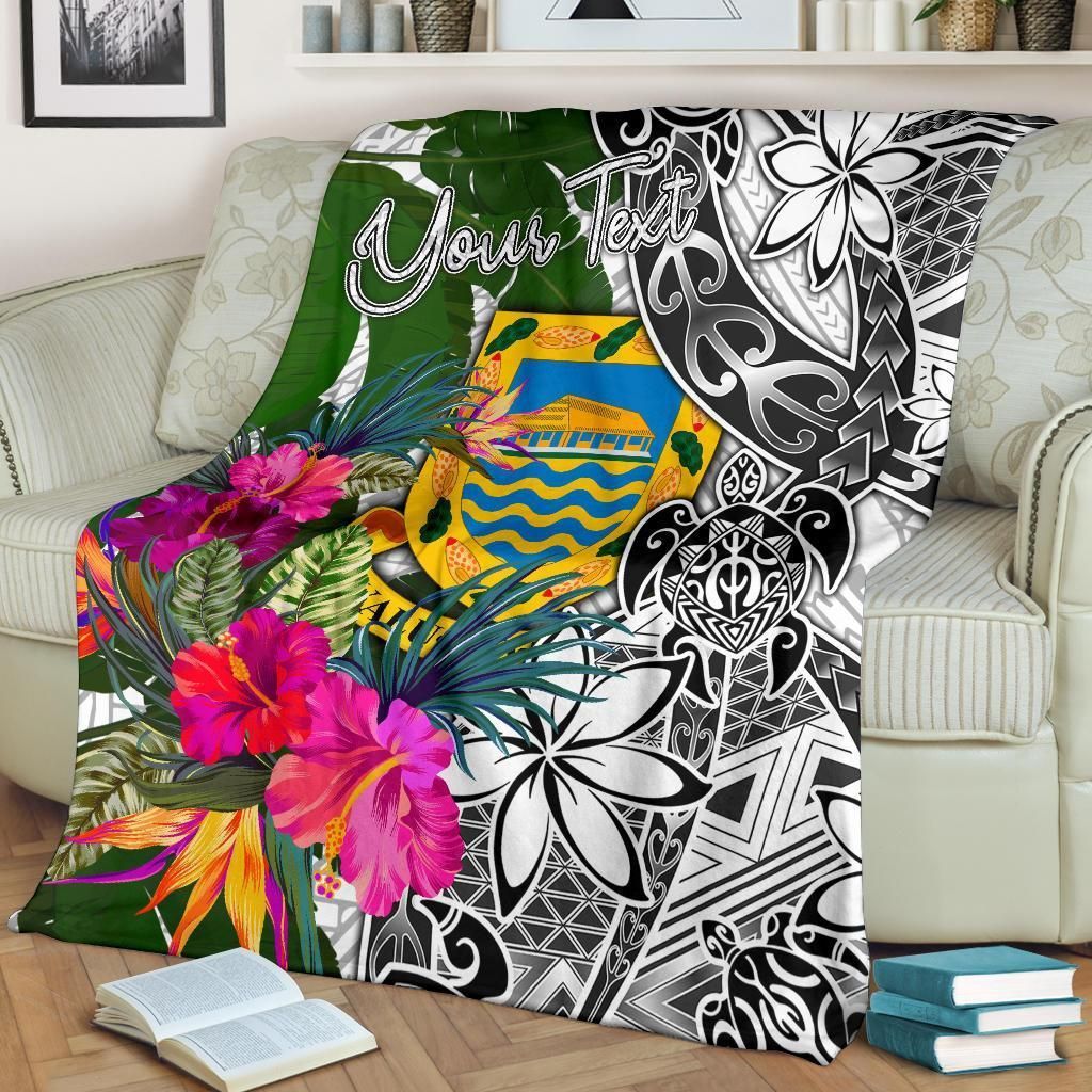 Tuvalu Custom Personalised Premium Blanket White - Turtle Plumeria Banana Leaf-Myprintsy