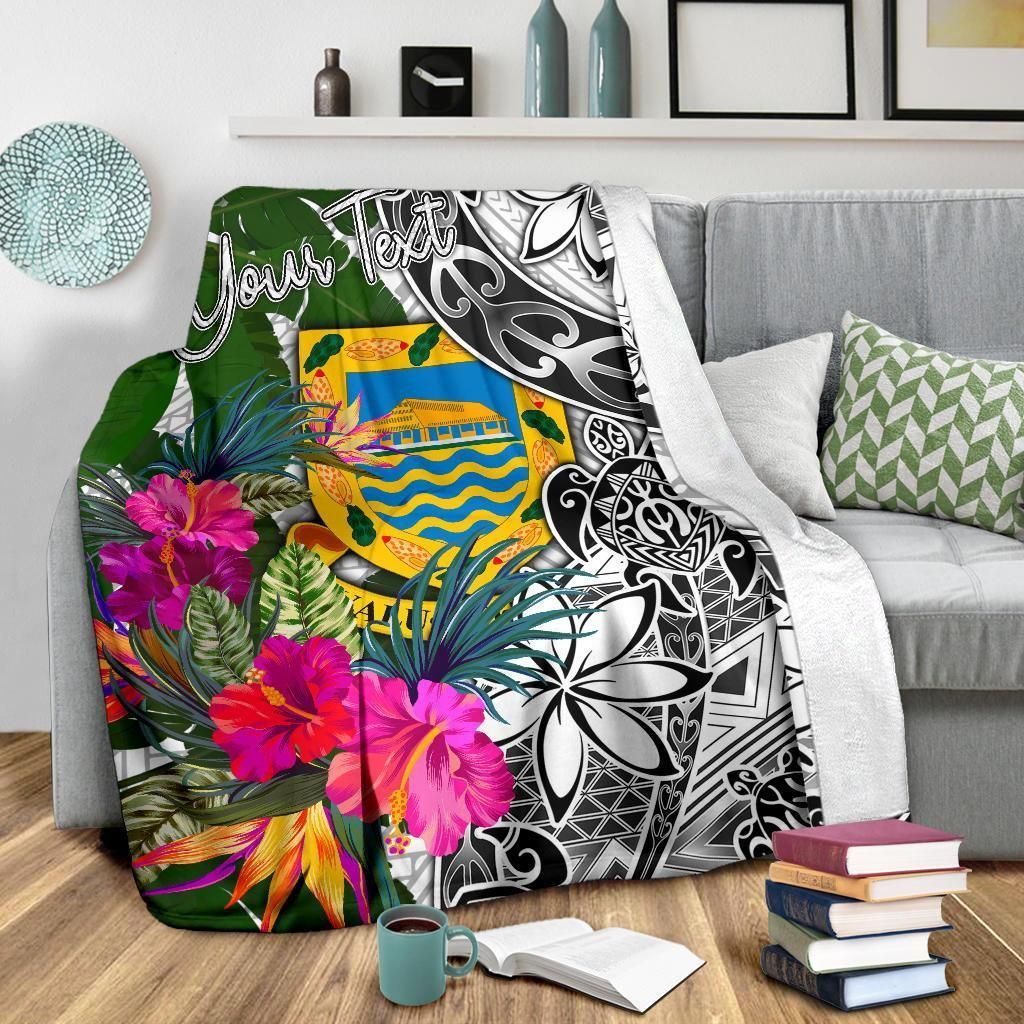 Tuvalu Custom Personalised Premium Blanket White - Turtle Plumeria Banana Leaf-Myprintsy